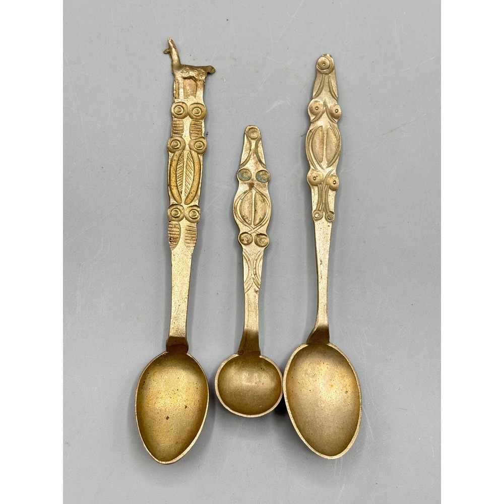 Vintage Ornate Tribal Gold Tone Spoon Set 3pc Elephant Motif Folk Art Decor